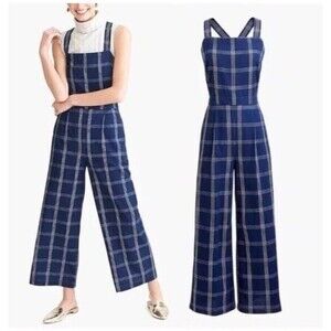 J.Crew  Jumpsuit Overalls Pockets Buttons Side Zip Up Plaid Blue SZ 8